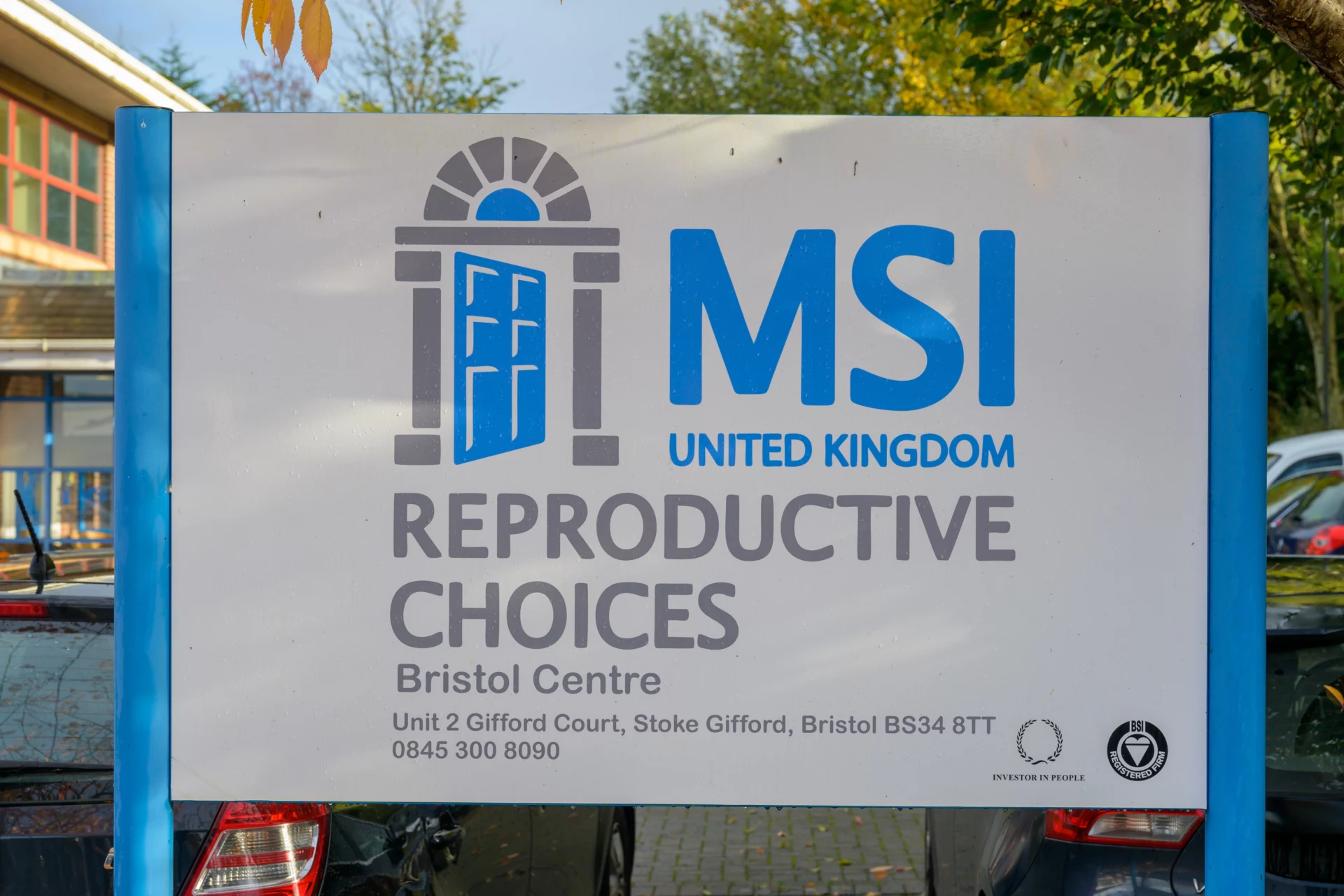 Sign outside of the MSI UK clinic in Bristol.