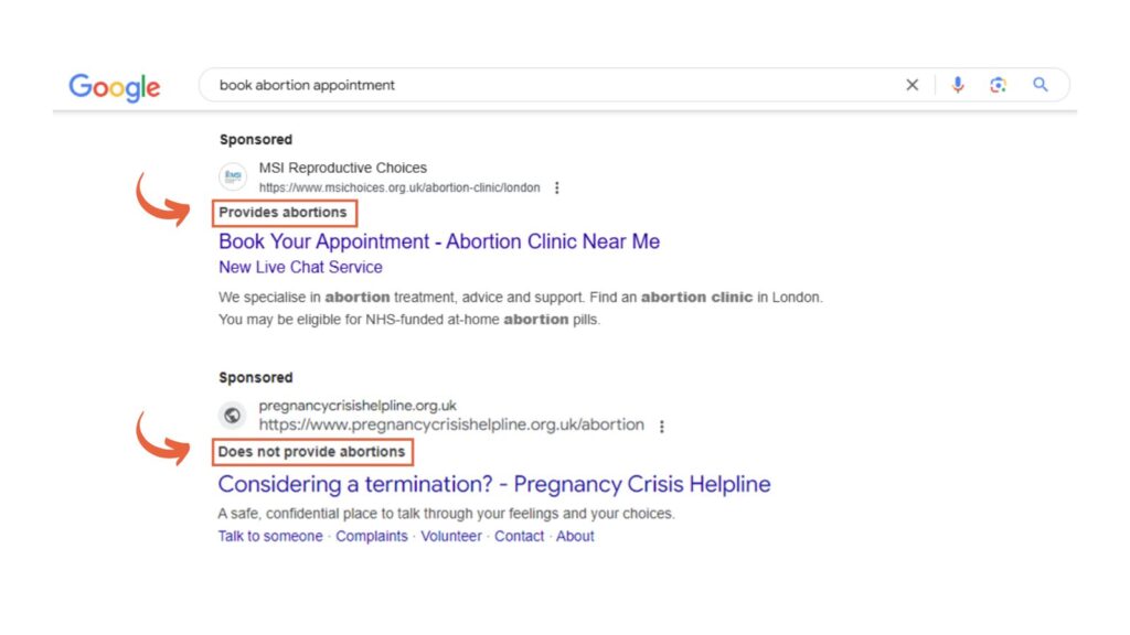 Screenshot of Google Ads showing the disclaimer 'Provides abortions' and 'Does not provide abortions'.