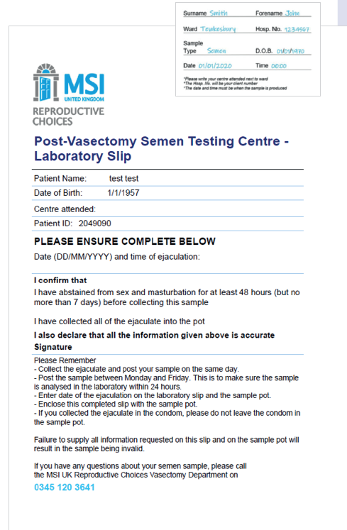 An image showing an example of a laboratory slip, to be filled in as part of the post-vasectomy semen testing process.